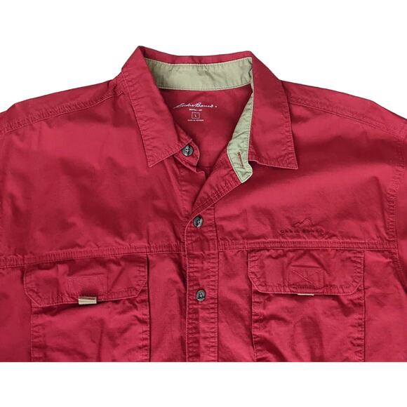 EUC MENS EDDIE BAUER 100% COTTON RED SHORT SLEEVE BUTTON DOWN SHIRT SIZE LARGE - Picture 1 of 4